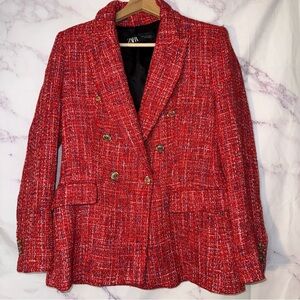 ZARA Red Tweed Double Breasted Blazer with Gold Buttons